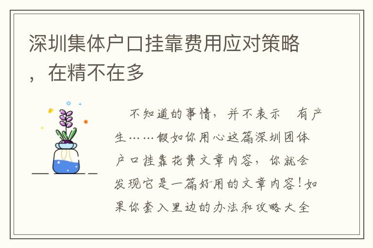 深圳集體戶口掛靠費用應(yīng)對策略，在精不在多