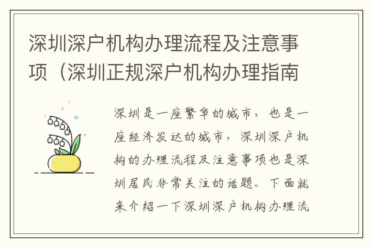 深圳深戶(hù)機(jī)構(gòu)辦理流程及注意事項(xiàng)（深圳正規(guī)深戶(hù)機(jī)構(gòu)辦理指南）