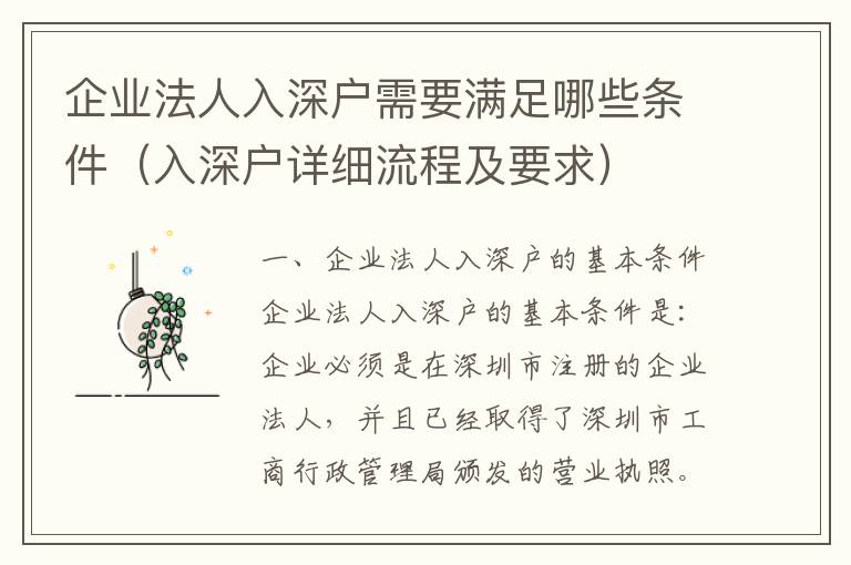 企業(yè)法人入深戶需要滿足哪些條件（入深戶詳細流程及要求）
