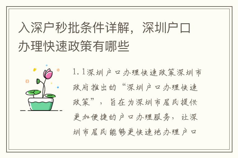 入深戶秒批條件詳解，深圳戶口辦理快速政策有哪些