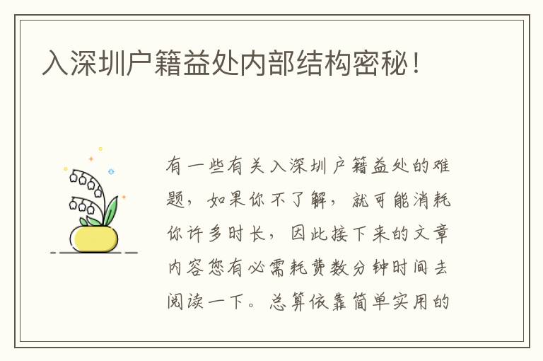 入深圳戶籍益處內(nèi)部結(jié)構(gòu)密秘！