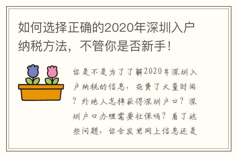 如何選擇正確的2020年深圳入戶納稅方法，不管你是否新手！