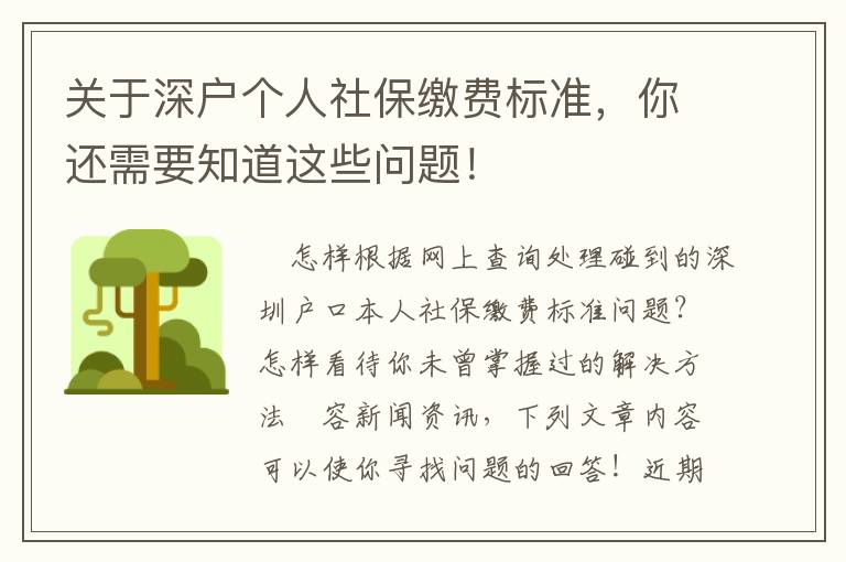 關(guān)于深戶個人社保繳費(fèi)標(biāo)準(zhǔn)，你還需要知道這些問題！