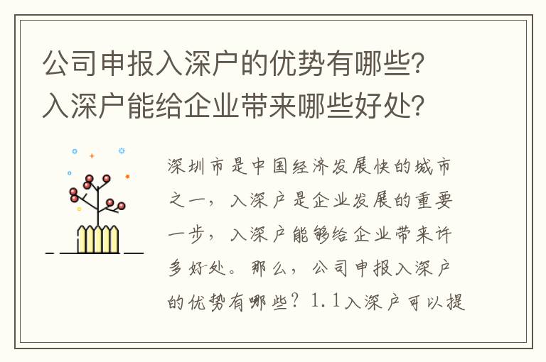 公司申報入深戶的優勢有哪些？入深戶能給企業帶來哪些好處？