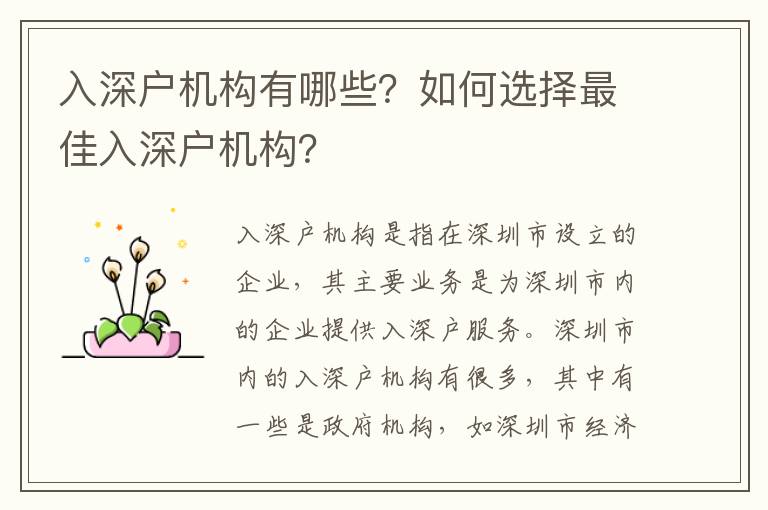 入深戶機構有哪些？如何選擇最佳入深戶機構？