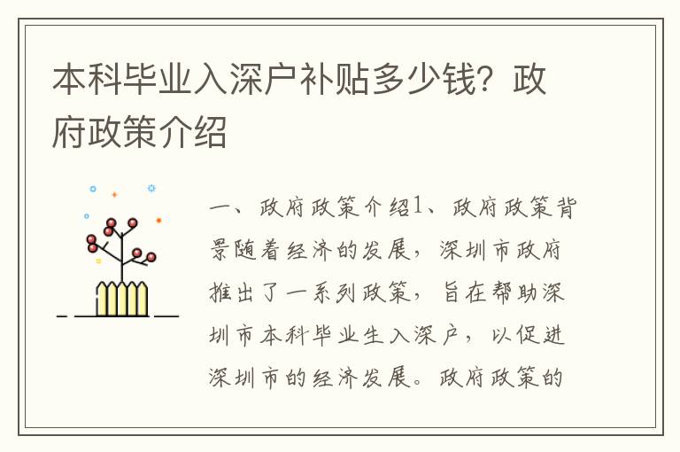 本科畢業(yè)入深戶補貼多少錢？政府政策介紹