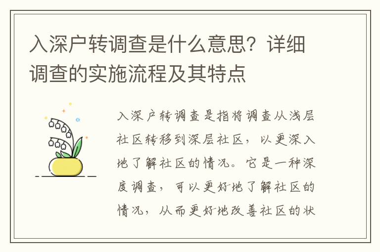 入深戶轉(zhuǎn)調(diào)查是什么意思？詳細(xì)調(diào)查的實施流程及其特點