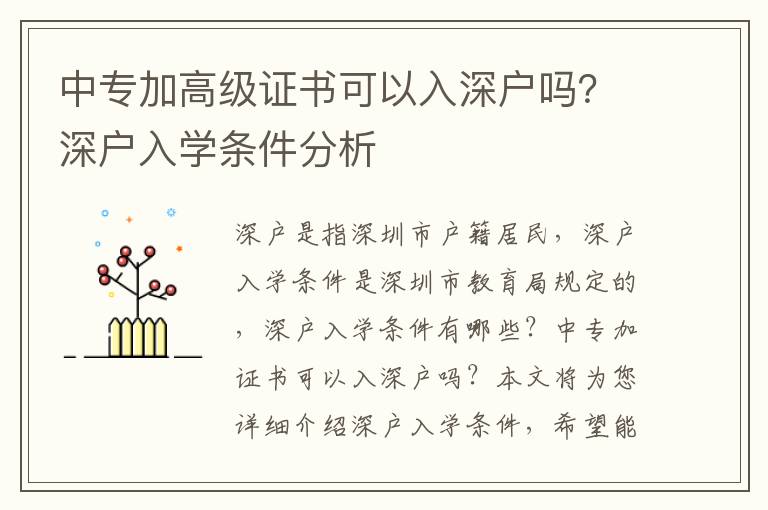 中專加高級證書可以入深戶嗎？深戶入學條件分析