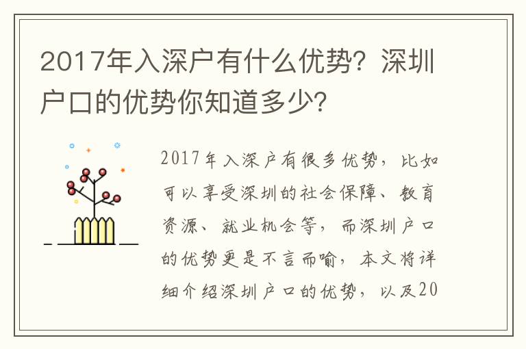 2017年入深戶有什么優(yōu)勢？深圳戶口的優(yōu)勢你知道多少？
